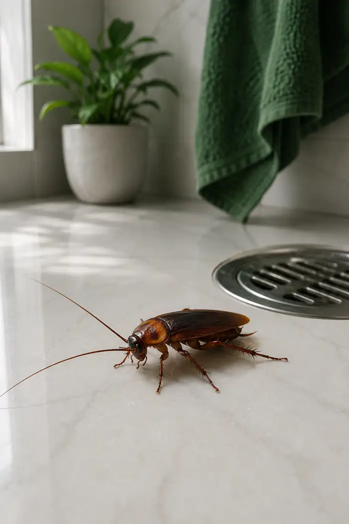 Barata de esgoto adulta no piso de um banheiro, ao lado do ralo