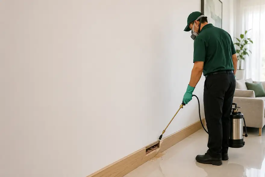 Técnico da Zero Pragas Goiânia aplicando cupinicida no rodapé de uma sala
